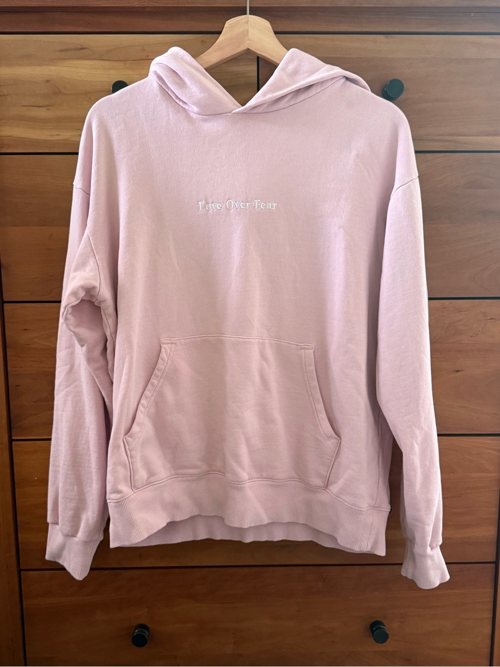 Seek Discomfort Pastel Pink 'Love Over Fear' Embroidered Hoodie Size M